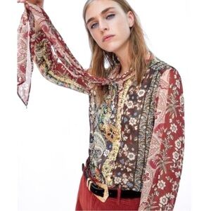 Zara patchwork print bow blouse